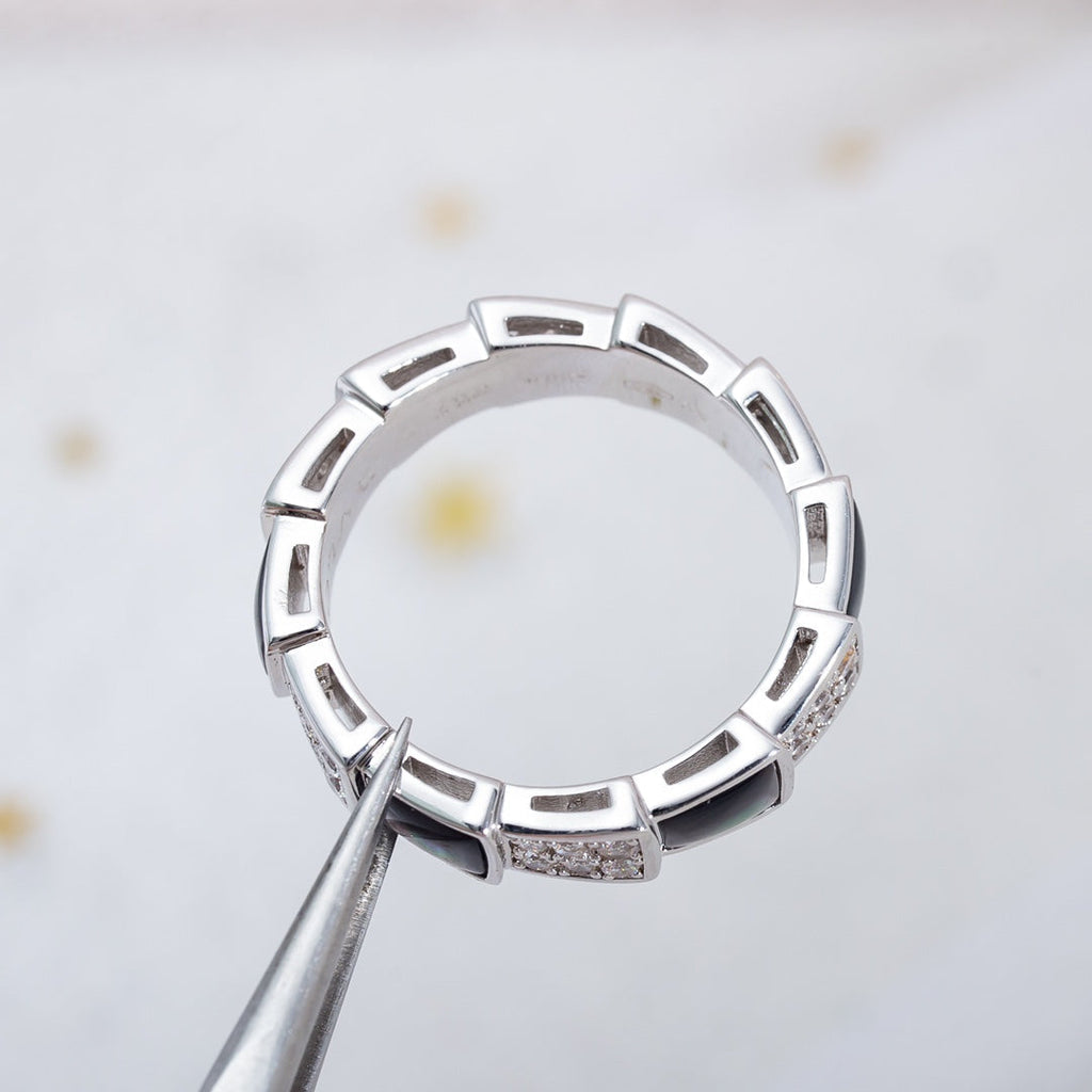 [Shinejoy]セルペンティリング シルバー ダイヤモンド ブラック モップ 4mm