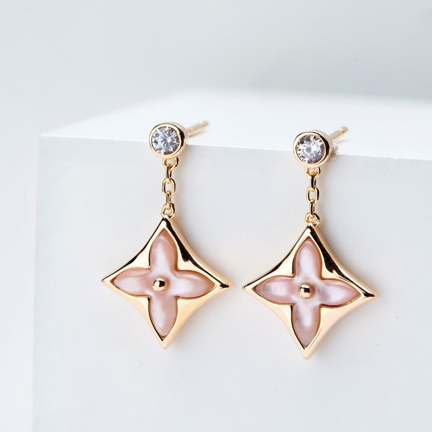 [Shinejoy]DOUBLE STAR PINK GOLD MOP DROP EARRINGS