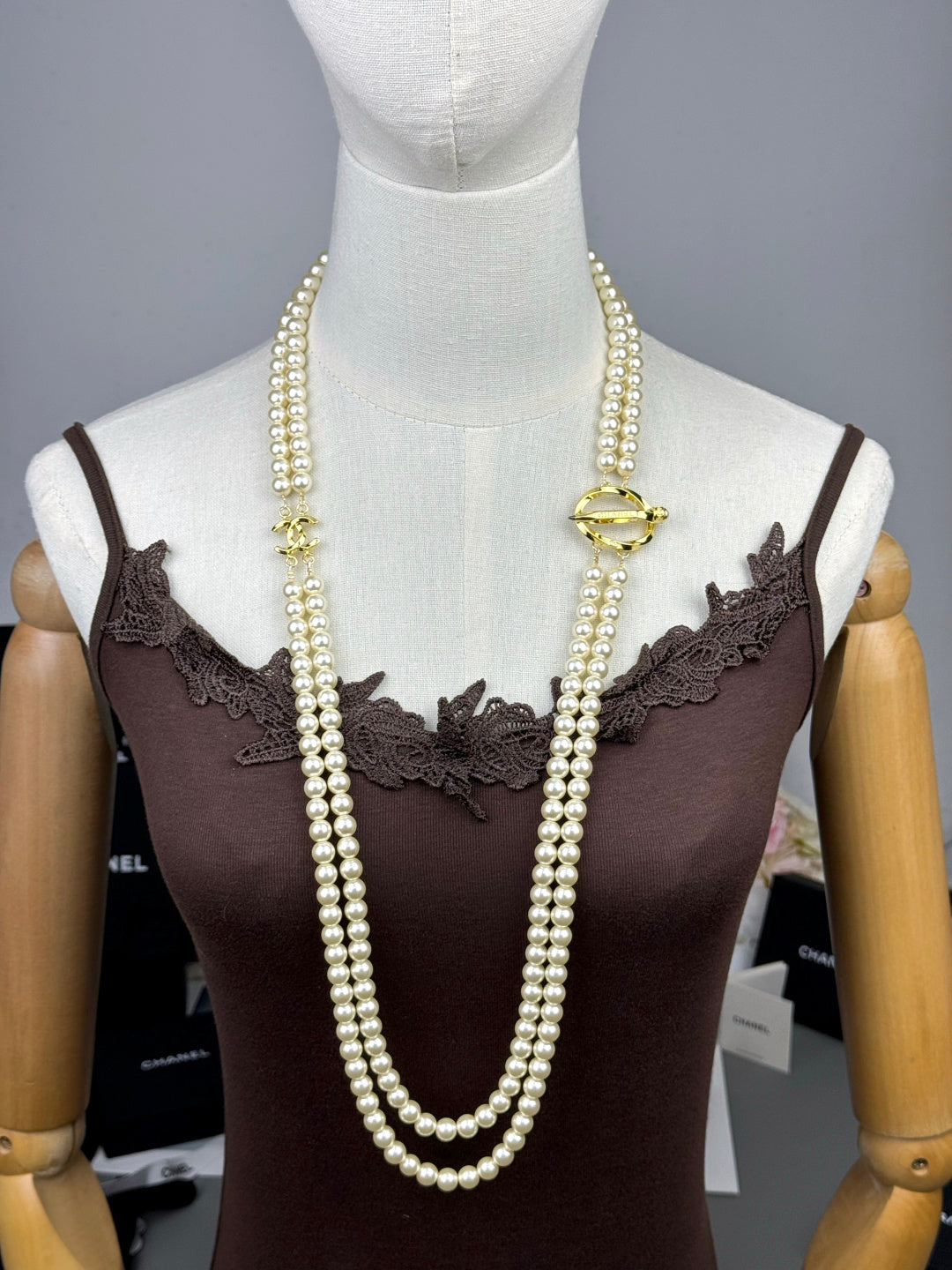 [Shinejoy]25K Pencil Double C Double-Layer Pearl Sweater Chain