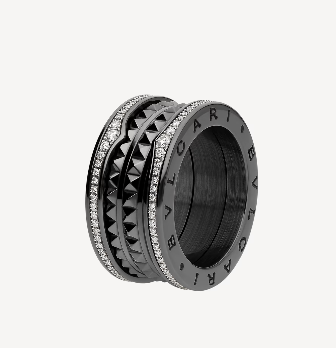 [Shinejoy]ZERO 1 ROCK FOUR-BAND BLACK CERAMIC WITH STUDDED SPIRAL AND PAVED DIAMONDS RING