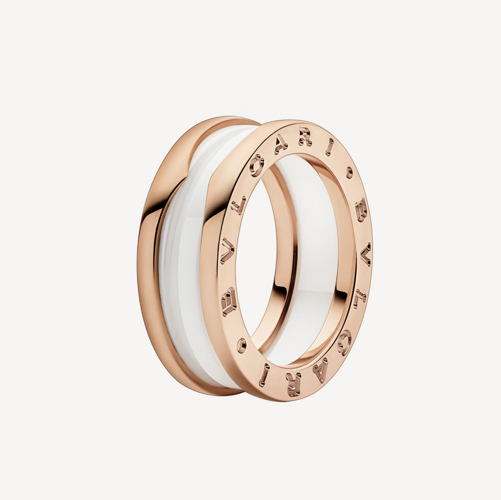 [Shinejoy] Bague ZERO 1 à deux anneaux et spirale en céramique blanche et or rose