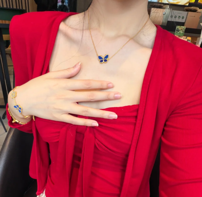 [Shinejoy]バタフライ レッド ダイヤモンド ローズゴールド ネックレス