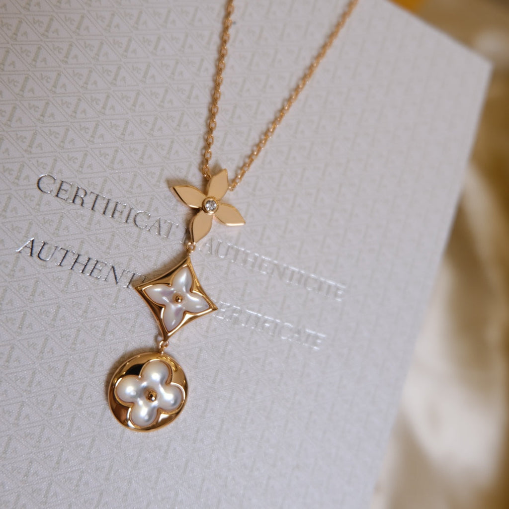 [Shinejoy]COLOR BLOSSOM LARIAT NECKLACE PINK GOLD WHITE MOTHER PEARL AND DIAMOND