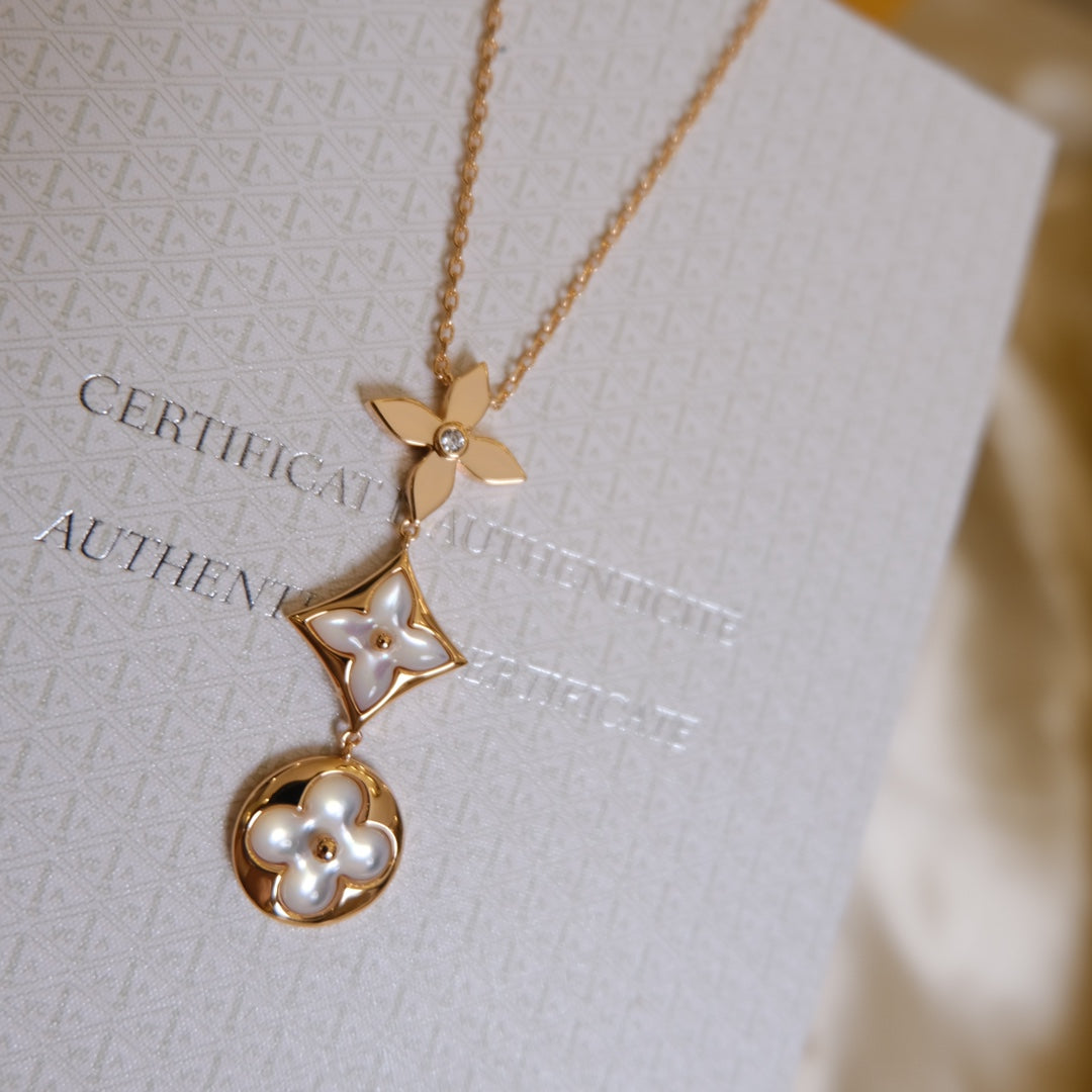 [Shinejoy]COLOR BLOSSOM LARIAT NECKLACE PINK GOLD WHITE MOTHER PEARL AND DIAMOND