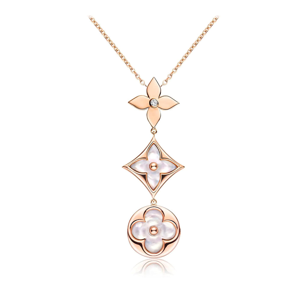 [Shinejoy]COLOR BLOSSOM LARIAT NECKLACE PINK GOLD WHITE MOTHER PEARL AND DIAMOND