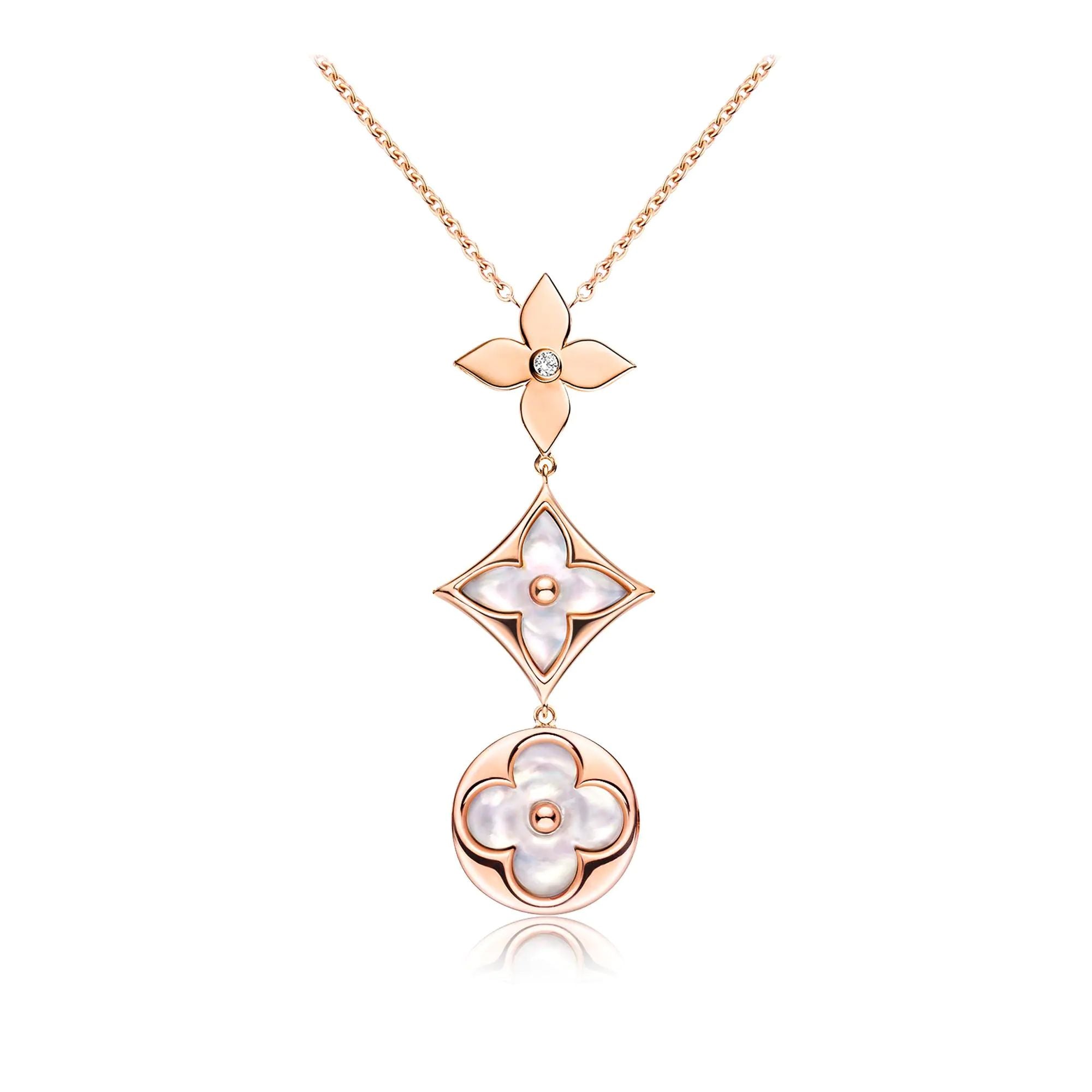 [Shinejoy]COLOR BLOSSOM LARIAT NECKLACE PINK GOLD WHITE MOTHER PEARL AND DIAMOND