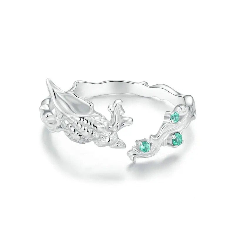 Bague ouverte en forme de coquillage incrustée de zirconiums verts, série Ocean, bagues ajustables