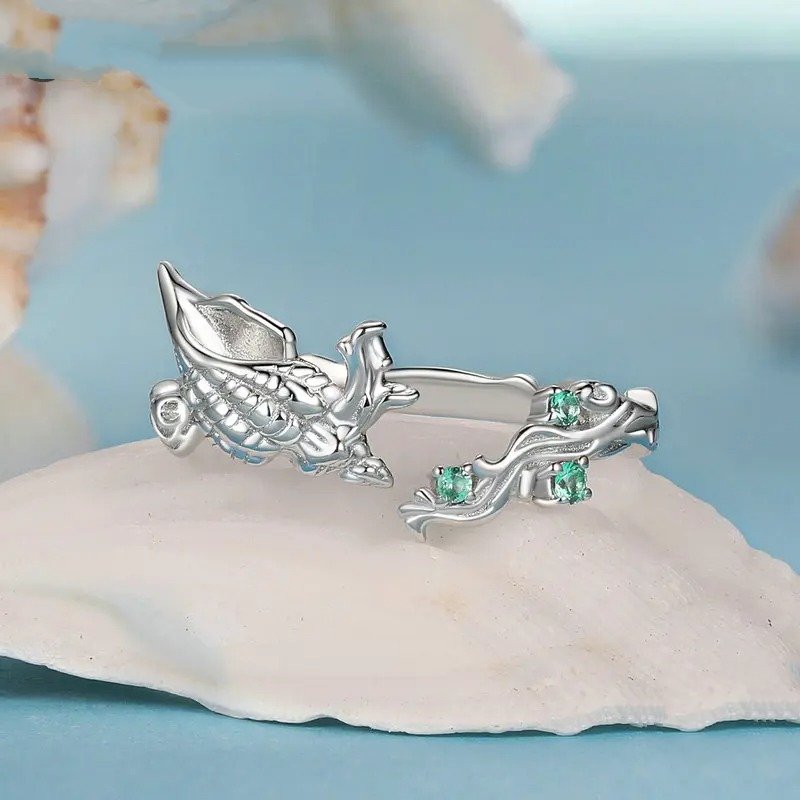 Bague ouverte en forme de coquillage incrustée de zirconiums verts, série Ocean, bagues ajustables
