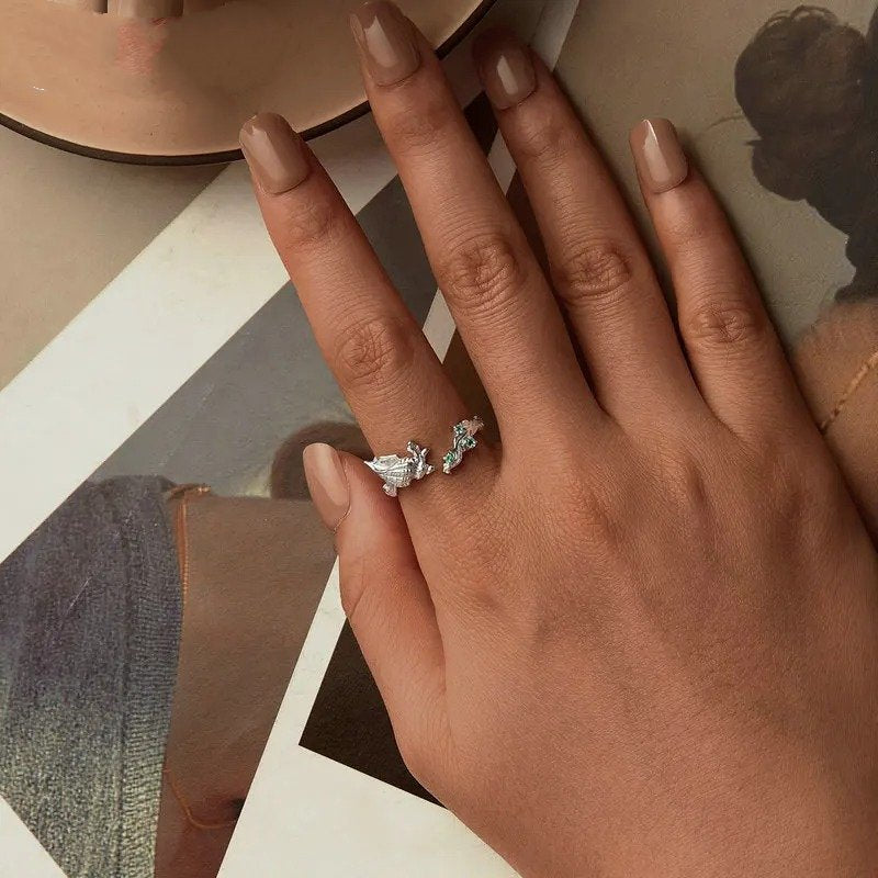 Bague ouverte en forme de coquillage incrustée de zirconiums verts, série Ocean, bagues ajustables